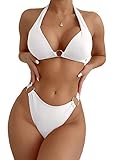 SweatyRocks Women's Ring Linked Halter Push Up Bikini Swimsuit High Stretch Bathing Suit Swimwear Set Swimming Suit Two Piece White M