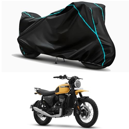 Image of Waterproof Bike Body Cover Compatible for | Yezdi Scrambler Single | Taffeta Fabric, Sky Piping Design, Bottom Elastic Fit | Dustproof, Sun UV & Rain Protection for All Weather.