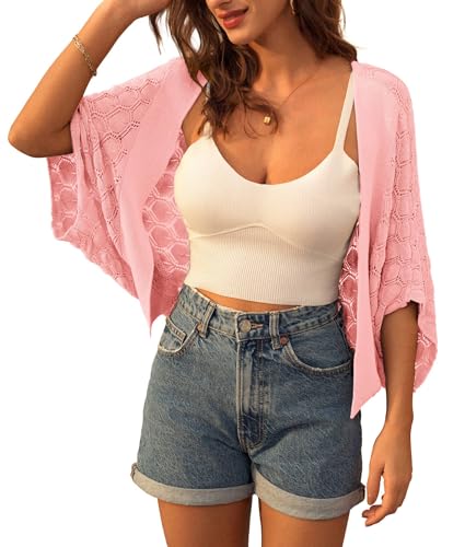 Image of GRACE KARIN Summer Cropped Cardigan for Women 2026 Batwing Sleeve Crochet Bolero Shrug Sweaters Lightweight Beach Boho Kimono