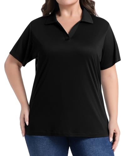 Women’s Plus Size Polo Shirts UPF 50+ Short Sleeve V Neck Collared Tops Golf Tennis Casual Work T-Shirts, Black, 3X-Large Plus