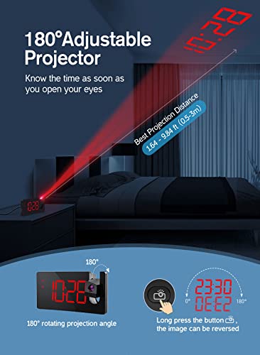 Projection Alarm Clock For Bedrooms, Red Digital Clock Projection On Ceiling Wall With Usb Charging Port, 3-Level Brightness 180° Projector And Screen, 12/24H, Snooze, Bedside Clock For Elders, Adults #TOP6