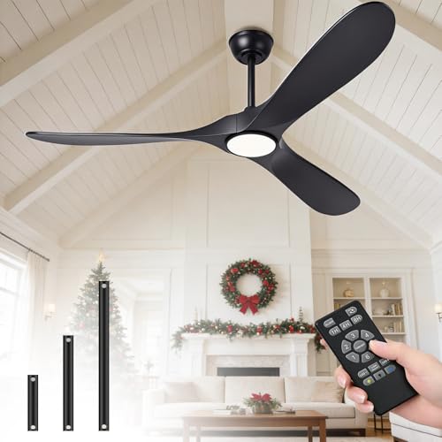 Image of 52 Inch Ceiling Fans with Lights and Remote, Wood Outdoor Ceiling Fan with 6 Speed Noiseless DC Motor, Indoor Modern 3 Blade Propeller Ceiling Fan for Bedroom Living Room Gazebo Patio (Black)