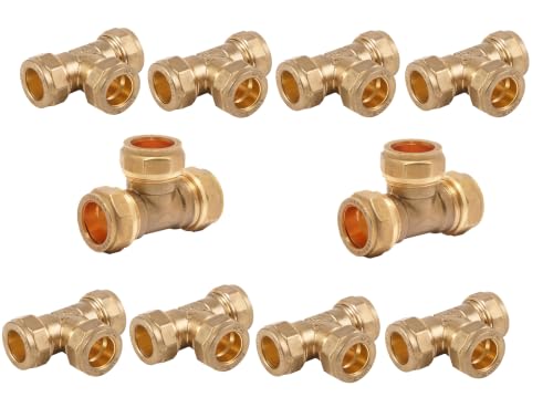 Image of TC Compression Brass Equal Tee 22mm for Copper Pipe Connector WRAS Approved - Pack of 10