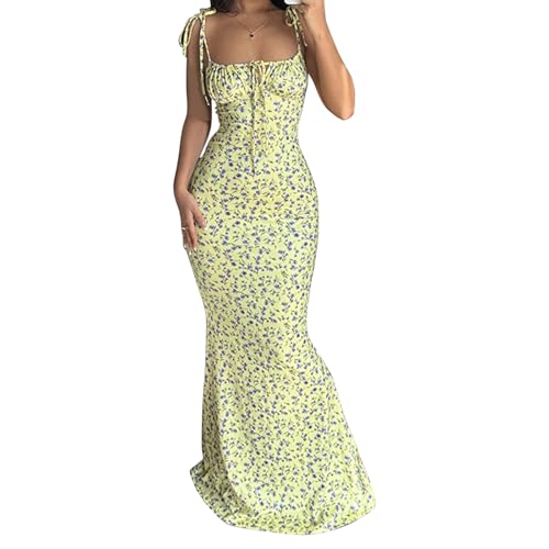 Women Backless Maxi Dress Sexy Sleeveless Spaghetti Strap Floral Bodycon Maxi Dress Cocktail Party Long Dress (Yellow, M)