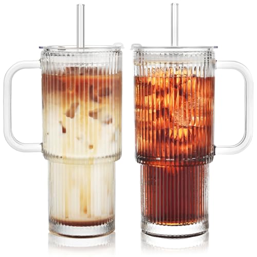 ALINK 2 Pack 26 oz Ribbed Glass Tumbler with Handle Lid and Straw,Glassware Set Ripple Large Iced Coffee Cups, Aesthetic Glass Travel Tumbler for Hot & Cold Beverages, Smoothies, Tea and Juice