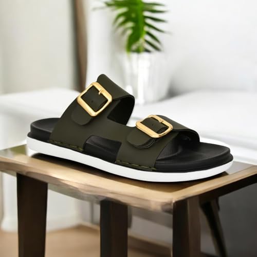 Image of Men's Stylish Dual Buckle Slip-On Sandals | Comfortable & Lightweight Casual Sliders /Slipper for Everyday, Travel, & Beach