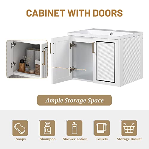 Merax 24" Bathroom Vanity Sink Combo, Wall Mount Floating Storage Cabinet With Ceramic Basin For Small Space, One Package, White #TOP5