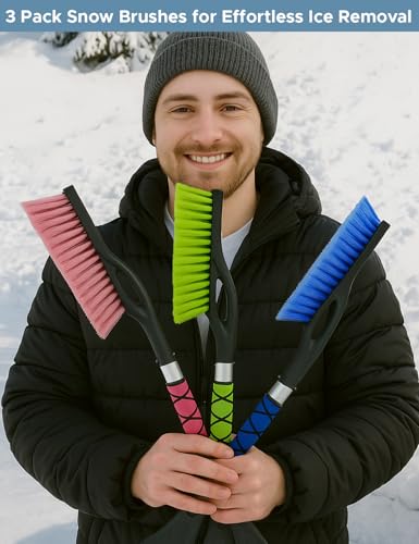 Image of Autovir 27 inch Snow Brush and Ice Scrapers for Car Windshield (3 Pack), Window | Snow Scraper with Ergonomic Foam Grip, Snow Removal for Car, Must Have Winter Car Accessories (Green, Blue & Pink)