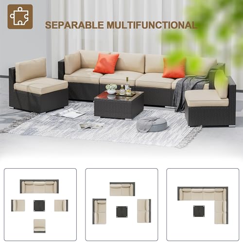 SUNCROWN 7-Piece Outdoor Sectional Sofa Couch - PE Rattan Wicker Modular Patio Furniture Conversation Set with Washable Cushions and Glass Coffee Table - Brown