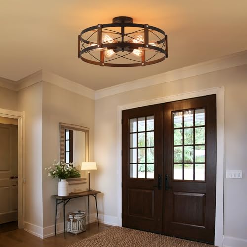 6-Light Large Rustic Farmhouse Wood Flush Mount Ceiling Light Fixture 20 inch Oak Wood and Metal Round Semi Flush Mount Ceiling Light for Hallway Entry Dining Farmhouse Bedroom Living Room, Black by Wylitora - Used condition - Image 3