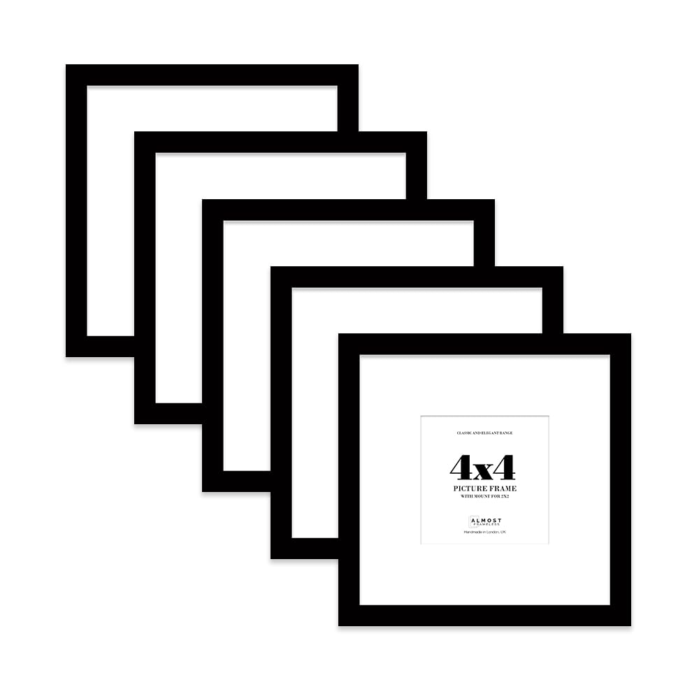 4x4 Black Picture Frame with Mount for 2x2 Photos, Prints - Modern Square Wall Frame, Set of 5