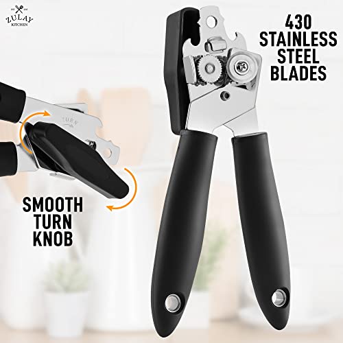 Zulay Kitchen Manual Can Opener - Handheld Can Opener Smooth Edge Cut Stainless Steel Blades - Heavy Duty Can Opener Manual With Comfortable Grip Handle And Large Turn Knob (Black) #TOP2
