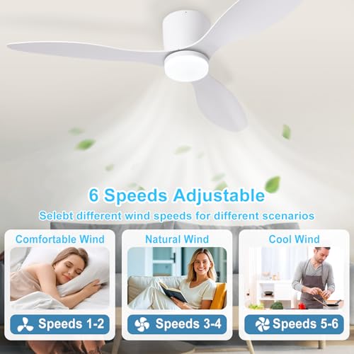 Image of Depuley Flush Mount Ceiling Fan: 52-Inch White Ceiling Fans with Lights for Bedroom Indoor Outdoor - Low Profile Ceiling Fans with Remote Control 24W 3CCT Dimmable 3 Reversible White Blades 6 Speeds