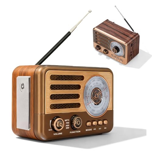 Poste Radio Vintage Portable, AM/FM/SW Radio Rétro en Bois Classique, Batterie Rechargeable 1200mAh, Haut-Parleur 5W, Lecteur MP3 USB/TF/AUX, pour Cuisine Bureau...