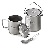 TOMSHOO Camping Titanium Pot with Folding Spork Outdoor Titanium Mug with Lid Camping Coffee Cup...