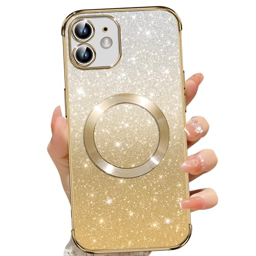 Cover Magnetica per iPhone 12 Glitter Custodia Compatibile con MagSafe Anti Graffi Non Ingiallente Protezione Completa Case 12 con 2 Vetro Temperato oro