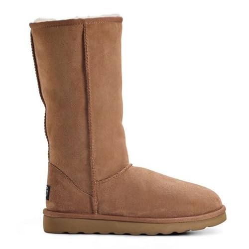 Tall Sheepskin Boots for Women UK Sourced Wool Lined Winter Boots with Soft Suede Upper Non Slip EVA Sole & Reinforced Heel Pull On Slip On Design for Everyday Wear - Chestnut/UK 4