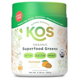 KOS Organic Superfood Greens Powder – Gut Health from Prebiotic Fiber, Supergreens and Adaptogens – USDA Certified Organic, Made in a GMP Certified Facility – 28 Servings Mango