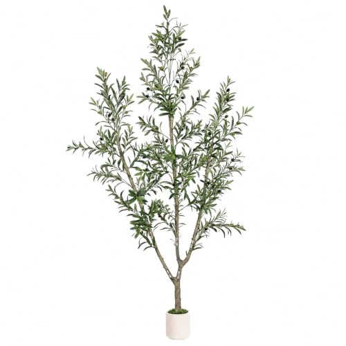 Olive Trees Artificial Indoor, 7ft Tall Olive Tree with White Planter, Faux olive tree with Natural Wood Trunk & Realistic Leaves & Lifelike Fruits, Artificial Plants for Home Decor Office Living Room