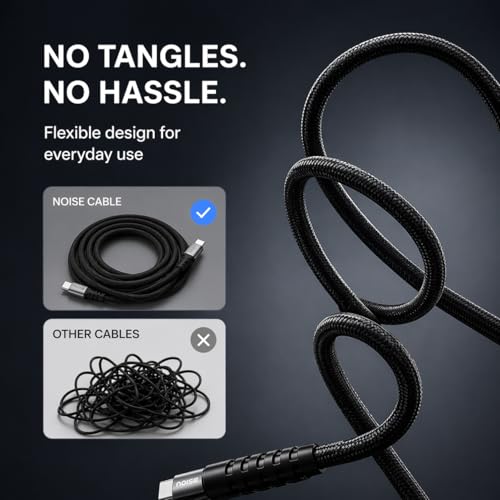 Image of Noise 100W Fast Charging USB C to USB C Cable | 50x More Durable | 1M / 3.3Ft | 5A PD charge | 480 Mbps Transfer Speed | Braided Cable For iPhones, Android, Laptops, MacBooks, Tablets (Black)