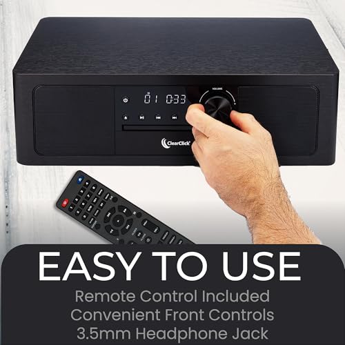 ClearClick Stereo Shelf System with CD Player, Bluetooth, FM Radio, USB Playback, Aux in, Optical in, Alarm Clock, & Remote Control