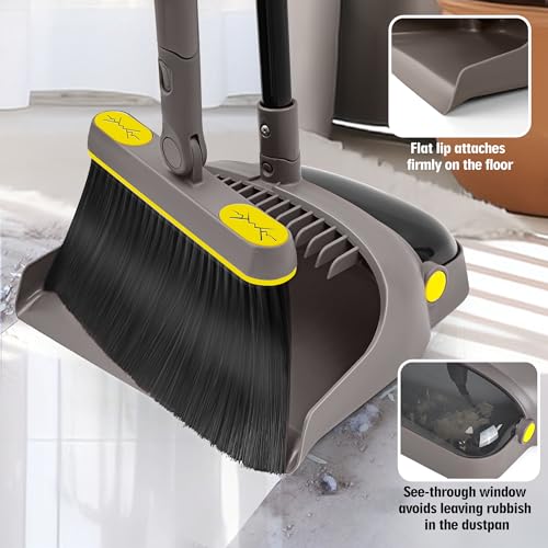 JEHONN Besen und Kehrschaufel Set mit Langem Stiel 138CM, 180 Grad Drehen Kehrbesen, Öffnende Schaufel Schwanz, Broom and Dustpan für Haus, Büro, Lobbykehr (Braun Gelb)