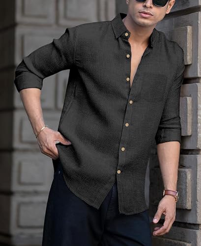 Image of Men's Solid Linen Cotton Shirt | Casual Style | Plain Design | Full Sleeve | Summer Regular Fit | Stylish Shirt for Men | Formal Wear