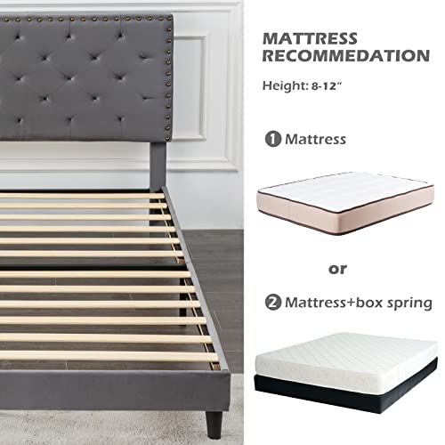 Gazhome Twin Xl Velvet Bed Frame, Upholstered Platform Bed With Adjustable Tufted Headboard, Rivet Ornament, Wood Slat Support, No Box Spring Needed, Easy Assembly, Grey #TOP4