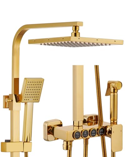Billg Columna Ducha Dorada, Multifuncional Sistema de Ducha de Pared, Columna Ducha Botón con Ducha de Techo 22 cm, Pulverizador para Bidé Salida Agua Inferior, Ducha Mano, Altura Ángulo Ajustables