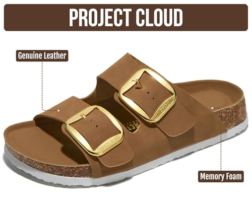Image of Project Cloud 100% Genuine Leather Footbed Sandals for Women 2026 Comfortable Beach Essentials Womens Sandals Memory Foam Vacation Essentials Slides for Women Footwear (Santorini)