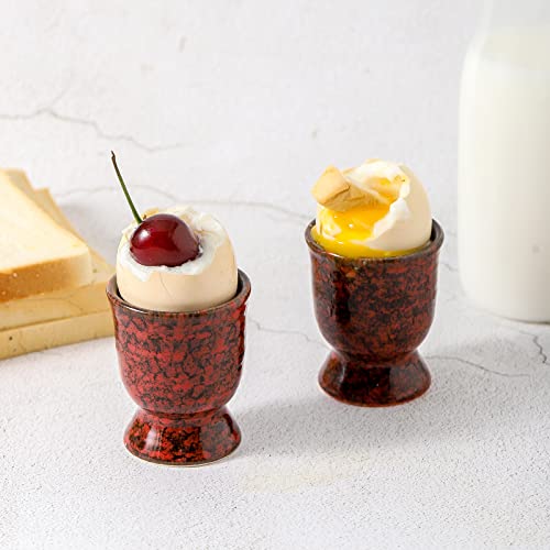 Hasense Ceramic Egg Cups for Soft Boiled Eggs, Porcelain Egg Stand Holders for Hard Boiled Eggs for Breakfast Time, Set of 2, Red - Thumbnail 6