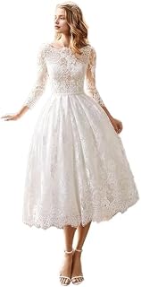 Summer Vintage Lace Wedding Dress A-Line Tea-Length with Illusion Neck 3/4 Sleeves for Bridal Prom Cocktail