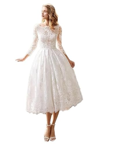 Summer Vintage Lace Wedding Dress A-Line Tea-Length with Illusion Neck