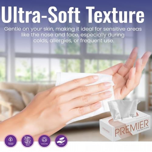Image of Premier Box Tissue Paper 2 Ply | 800 Pulls, 1600 Sheets | 200 pulls x 4 Packs | Super Absorbent Soft Facial Tissue Box | Suitable for Home, Office, Travelling | Car Tissue Box - White