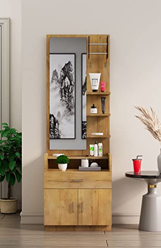 Image of Bniture Wooden Dressing Table for Bedroom with 1 Drawer, Mirror and Huge Storage Space | Long Dresser Vanity Table with Mirror (42D x 60W x 180H CM) | 1 Year Warranty (Giant Wood, HXDR103)