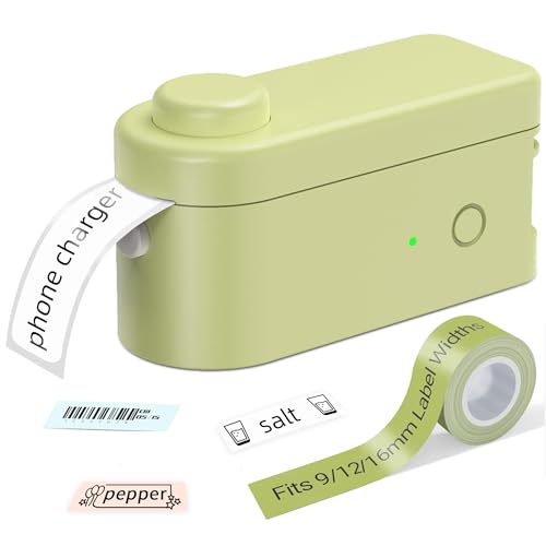 Makeid L1 Label Maker Machine with Tape - Portable & Rechargeable Label Makers Compatible with 9 12 16mm Waterproof Tape - Mini Bluetooth Labeler for Organizing Office Home School (Green Tape)