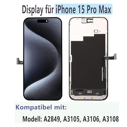 MP+ LCD für iPhone 15 Pro Max Display Reparaturset,[Face ID] LCD Bildschirm Ersatz mit 3D Touch und Vormontiertem Rahmen,inkl. Werkzeug & Kleber,DIY Touchscreen Reparaturkit