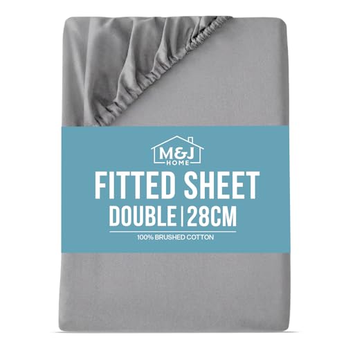 Image of M&J Home Double Bed Fitted Sheet Grey - Deep Pocket 28cm - 100% Brushed Cotton - 140g Fabric Weight - Thermal Comfort - Machine Washable