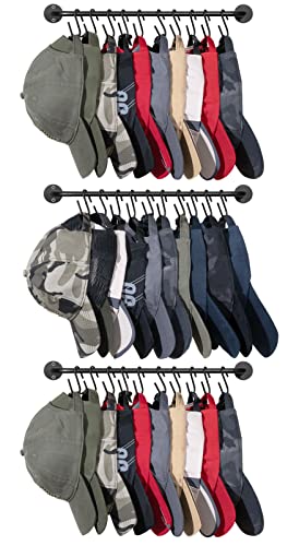 Mkono Set of 3 Hat Rack for Wall Baseball Cap Organizer Holder with 30 Hooks Modern Metal Hat Storage Display Rack Wall Mount Cowboy Hat Hooks Rack for Closet Bedroom Organize
