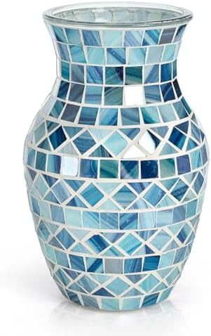 SOUJOY Mosaic Vase, Glass Blue Flower Vases for Centerpieces, Handmade Bud Vase for Wedding Flower Arrangeme, Living Room, Kitchen, Home Decor