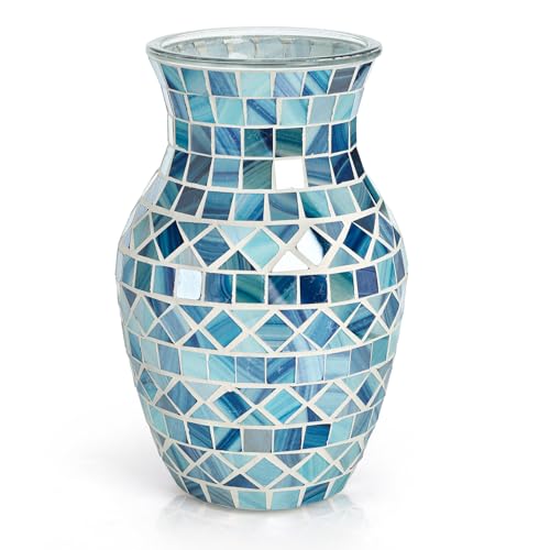 SOUJOY Vase mosaïque en Verre Bleu pour centres de Table, Vase à bourgeons Fait à la Main pour Arrangement Floral de Mariage, Salon, Cuisine, décoration d'intérieur