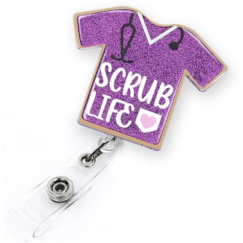 Purple Glitter Scrub Life Badge Reel Retractable for Nurse Nursing RN LPN CNA Doctor & Medical Assistant | Funny Nurse ID Name Tag Badge Holder with Alligator Clip & 24” Durable Nylon Cord | Acrylic