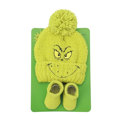Conjunto de 2 peças de gorro e meias The Grinch Big Face para recém-nascidos e bebês, The Grinch Big