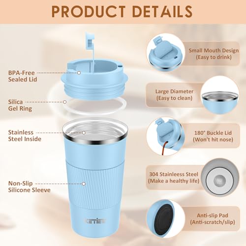 KETIEE Kaffeebecher to go,510ml Thermobecher Kaffee-to-go,Kaffeebecher Thermo,Doppelwandig Reisebecher Travel Mug… – Ansicht 2