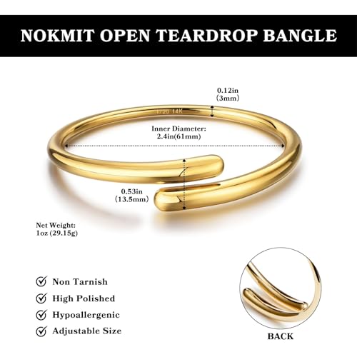 NOKMIT 14K Gold Filled Cuff Bracelets for Women Bypass Teardrop Adjustable Wrap Open Bangle Bracelet Simple Minimalist Statement Stackable Bracelets High Polished Smooth (Gold) by NOKMIT - Used condition - Image 4