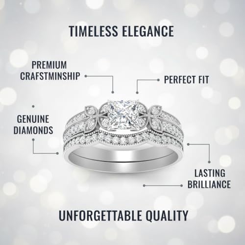 Image of Choose Your Gemstone Milgrain Petal Diamond CZ Wedding Ring Set 925 Sterling Silver Princess Shape Wedding Ring Sets Lightweight Office Wear Everyday Gift Jewelry US Size 4 to 12