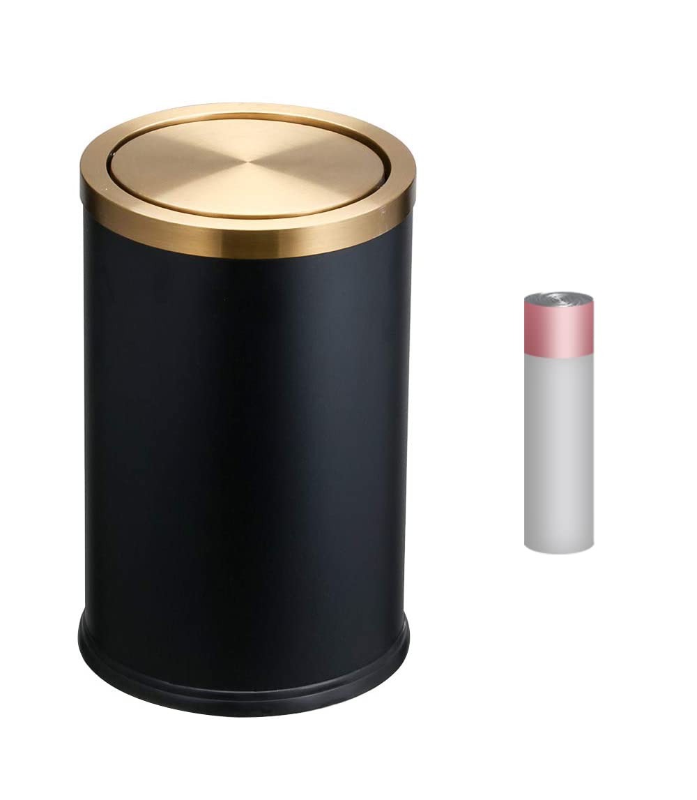 cleaning Small Trash Can with Flipping Lid, 9 L/2.8gallen, Stainless Steel Trash can.for Kitchen, Living Room, Bathroom, Bedroom Garbage can Black and gold