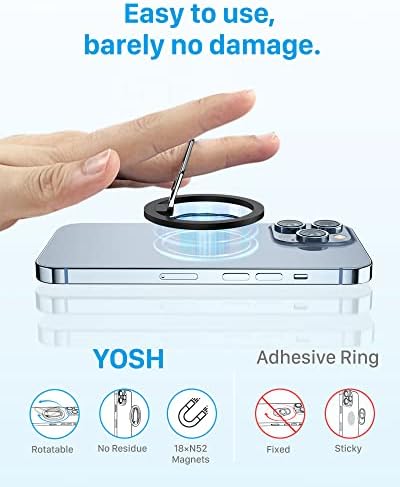 YOSH Magnetic Phone Ring Holder, iPhone Ring Holder Grip for iPhone 13 12 MagSafe Accessories, Adjustable Ring Phone Holder, Finger Stand Phone Ring Grip, Removable Holder for Wireless Charging-Black