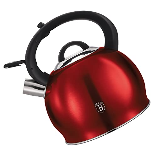 Berlinger Haus Whistling Tea Kettle For Stove Top, 3.2 Quart Stainless Steel Tea Pots For Stove Top, Stovetop Kettle With Push Button Handle, Enhanced Induction Base Stainless Steel Teapot, Red #TOP3