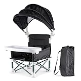 M.J COMFY-LIFE Baby Folding Dining Chair with Canopy & Removable Tray, Portable Baby High Chair Foldable Toddler Feeding Seat, Booster Seat for Indoor, Outdoor, Camping, Beach, and Lawn(Black)